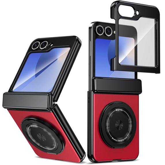 ELEHOLD Case for Samsung Galaxy Z Flip 5, Soft TPU and Hard PC Hinge Protection Case with Magnetic Rotatable Metal Ring Holder & Screen Protector,Red