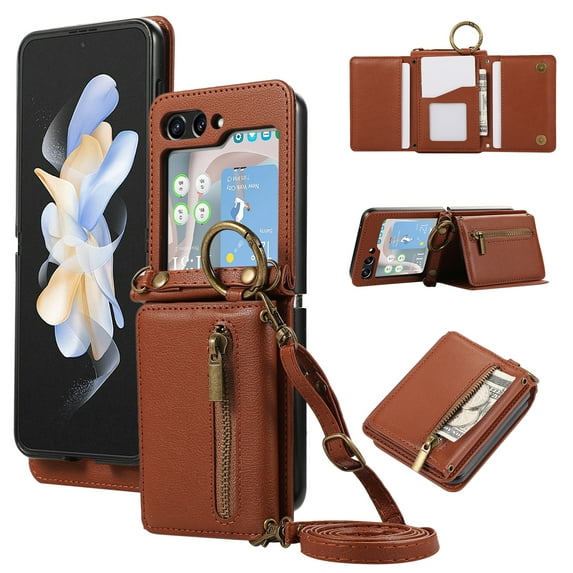 ELEHOLD Case for Samsung Galaxy Z Flip 5, Zipper Leather Wallet Crossbody Case with Detachable Ring Kickstand & Card Slots,Coffee