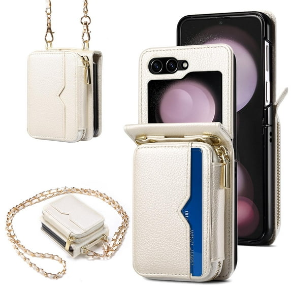ELEHOLD Case for Samsung Galaxy Z Flip 6, Crossbody Wallet Case with Card Slots & Adjustable Strap,White