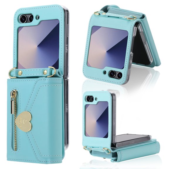 ELEHOLD Case for Samsung Galaxy Z Flip 6, Fashionable Crossbody Love Flip Wallet Case with Long Strap & 8 Card Slots,Blue