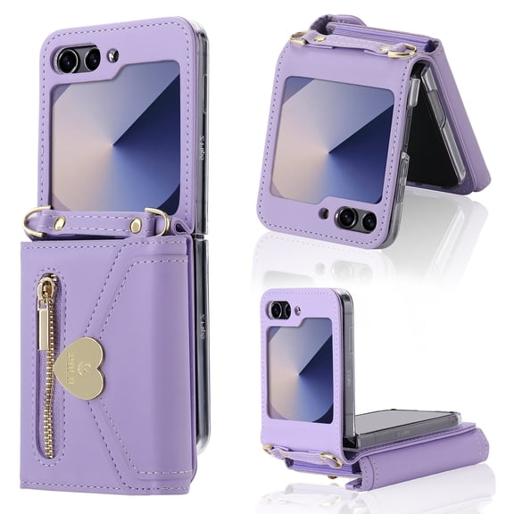 ELEHOLD Case for Samsung Galaxy Z Flip 6, Fashionable Crossbody Love Flip Wallet Case with Long Strap & 8 Card Slots,Purple