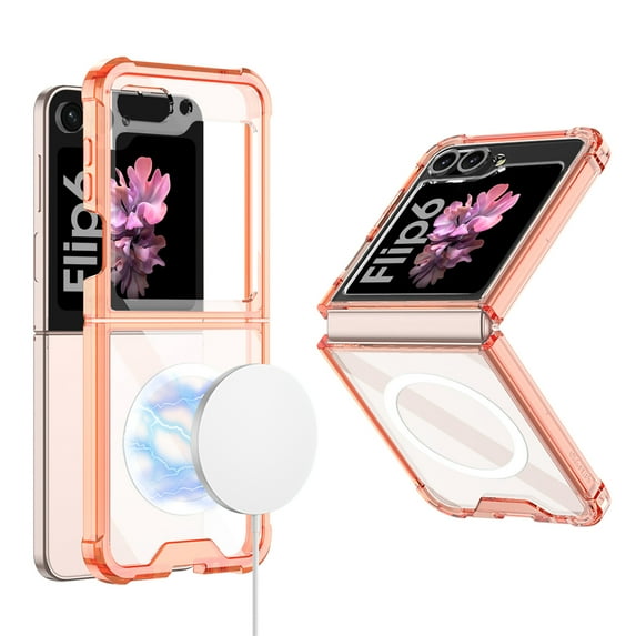 ELEHOLD Case for Samsung Galaxy Z Flip 6, Magnetic Case Soft Clear Shockproof Protective Cover Compatible with MagSafe Wireless Charging,Orange