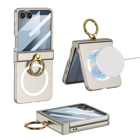 ELEHOLD Case for Samsung Galaxy Z Flip 6, Magnetic Ring Stand Phone Case Built-in Screen Protector, Hinge Protection Cover,Titaniumgray