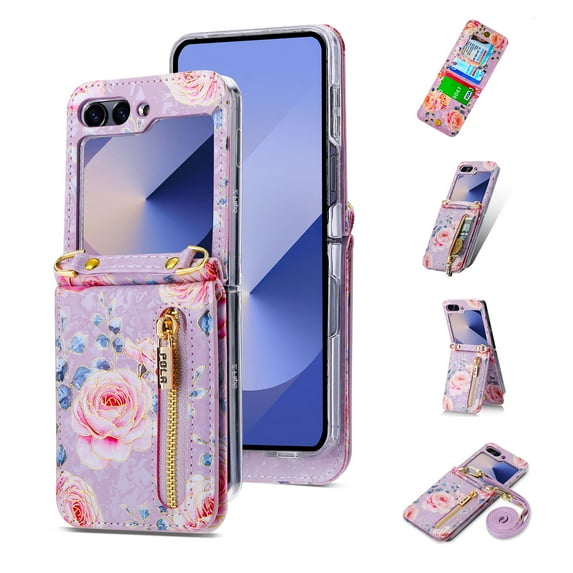 ELEHOLD Case for Samsung Galaxy Z Flip 6, Rose Pattern Crossbody Zipper Wallet Case with 4 Credit Card Holders Kickstand,Purple