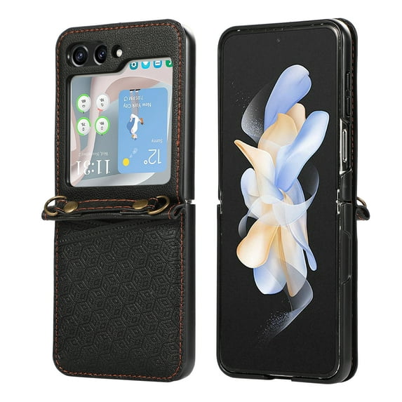 ELEHOLD Case for Samsung Galaxy Z Flip 6, Shockproof Faux Leather Wallet Phone Case with Shoulder Strap,Black
