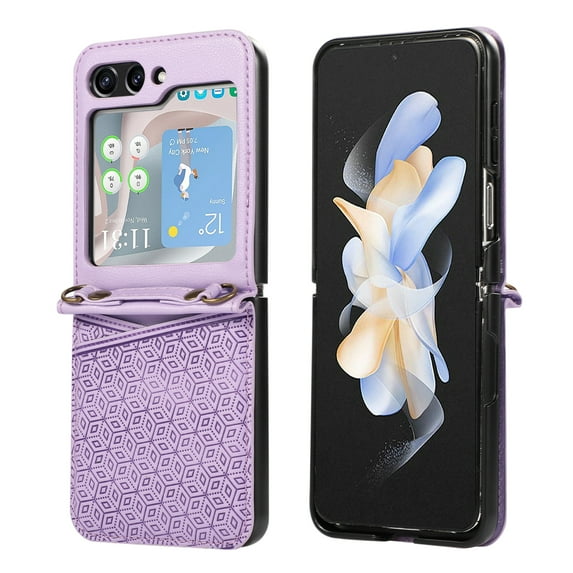 ELEHOLD Case for Samsung Galaxy Z Flip 6, Shockproof Faux Leather Wallet Phone Case with Shoulder Strap,Purple