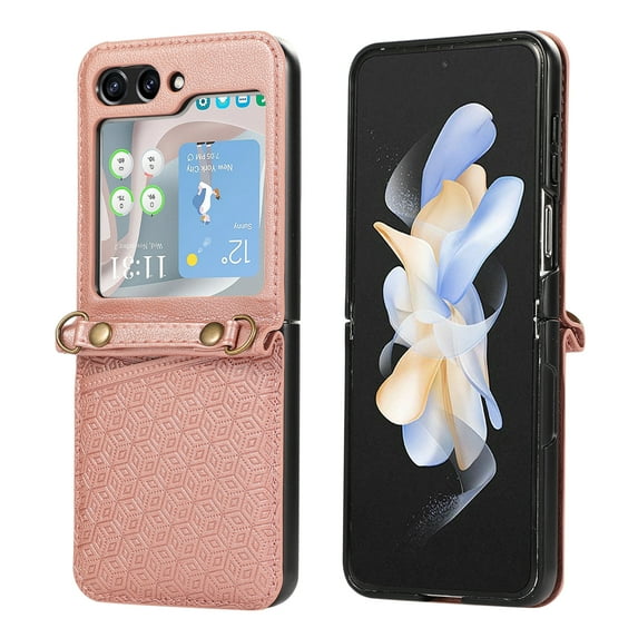 ELEHOLD Case for Samsung Galaxy Z Flip 6, Shockproof Faux Leather Wallet Phone Case with Shoulder Strap,Rosegold