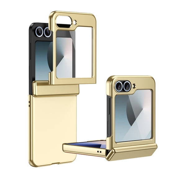ELEHOLD Case for Samsung Galaxy Z Flip 6, Shockproof Hard PC Frosted Back Case with Hinge Protection & Built-in Screen Protector,Gold