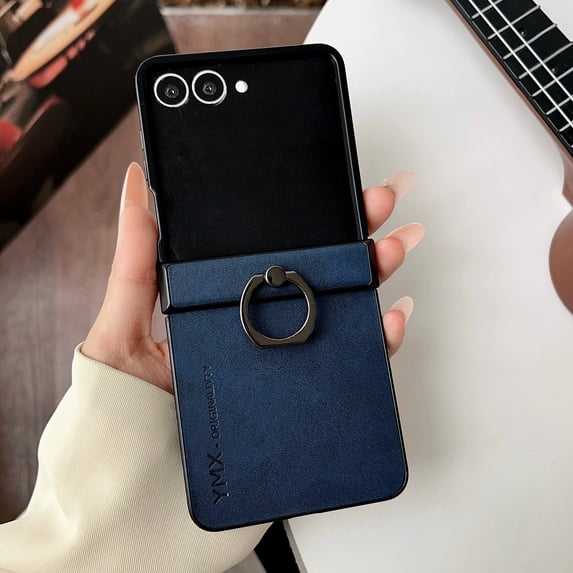 ELEHOLD Case for Samsung Galaxy Z Flip 6, Shockproof Hinge Protection Leather Phone Case with Ring Stand,Blue