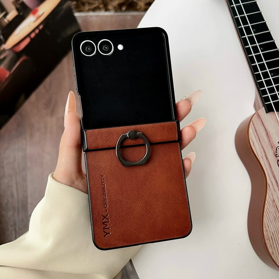 ELEHOLD Case for Samsung Galaxy Z Flip 6, Shockproof Hinge Protection Leather Phone Case with Ring Stand,Brown