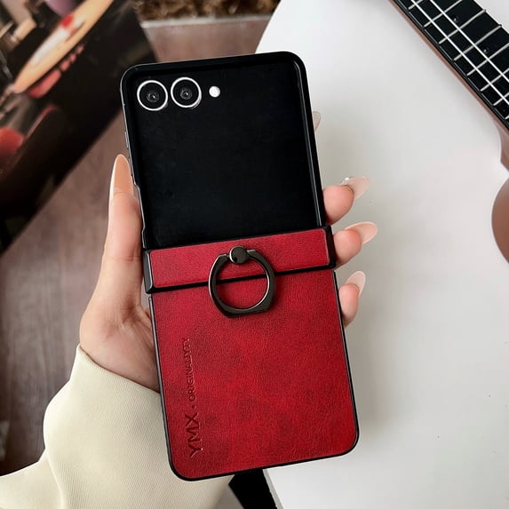 ELEHOLD Case for Samsung Galaxy Z Flip 6, Shockproof Hinge Protection Leather Phone Case with Ring Stand,Red