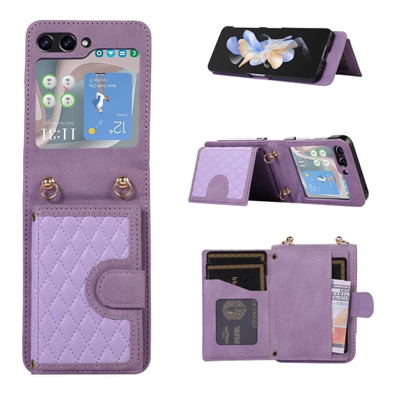 ELEHOLD Case for Samsung Galaxy Z Flip 6, Shockproof Leather Wallet Stand Phone Case with Shoulder Strap,Purple