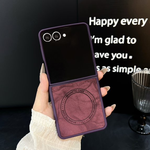 ELEHOLD Case for Samsung Galaxy Z Flip 6, Shockproof Magnetic Leather Phone Case, Wireless Charging,Winered