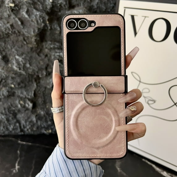 ELEHOLD Case for Samsung Galaxy Z Flip 6, Shockproof Magnetic Waxed Leather Phone Case with Built-in Ring Stand, Wireless Charging Compatible,Pink