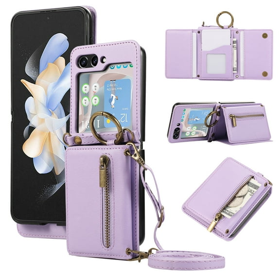 ELEHOLD Case for Samsung Galaxy Z Flip 6, Zipper Leather Wallet Crossbody Case with Detachable Ring Kickstand & Card Slots,Purple