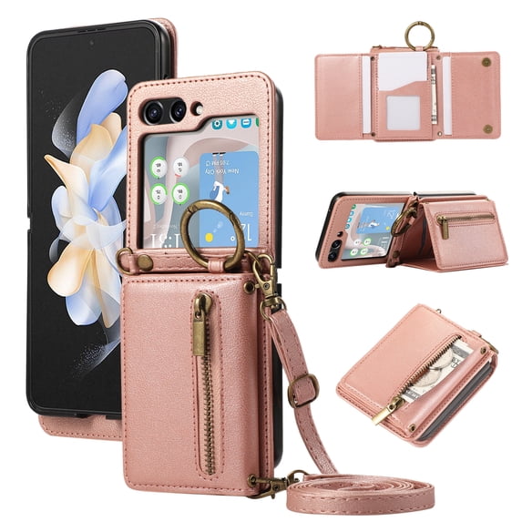 ELEHOLD Case for Samsung Galaxy Z Flip 6, Zipper Leather Wallet Crossbody Case with Detachable Ring Kickstand & Card Slots,Rosegold