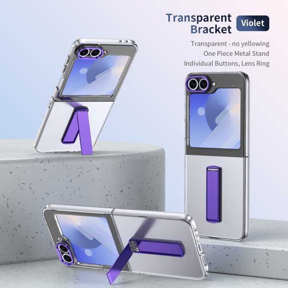 ELEHOLD Case for Samsung Galaxy Z Flip 7, Clear Stand Phone Case with Built-in Screen Protector, Wireless Charging Compatible,Purple