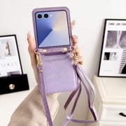 ELEHOLD Case for Samsung Galaxy Z Flip 7, Crossbody Durable Shockproof Leather Phone Case with Card Slots,Purple