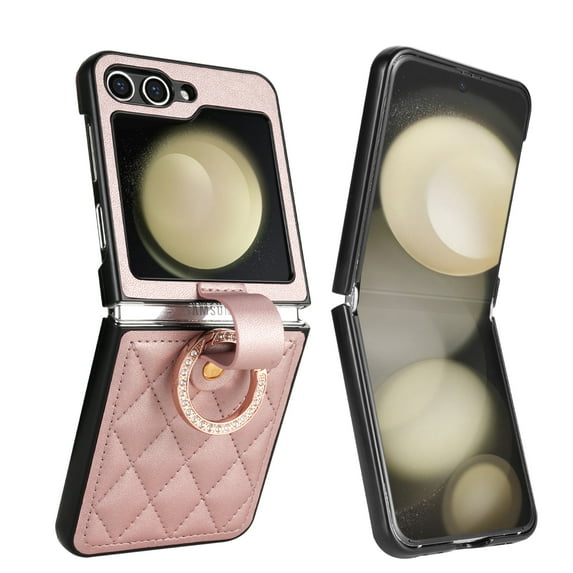 ELEHOLD Case for Samsung Galaxy Z Flip 7, Diamond Ring Holder Leather Phone Case,Rosegold