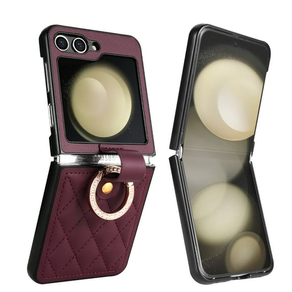 ELEHOLD Case for Samsung Galaxy Z Flip 7, Diamond Ring Holder Leather Phone Case,Winered