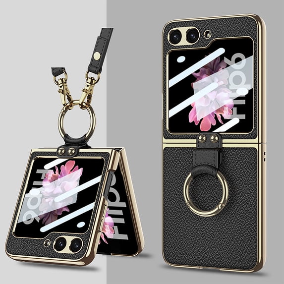 ELEHOLD Case for Samsung Galaxy Z Flip 7, Electroplated Ring Stand Case with Shoulder Strap, Built-in Screen Protector,Black