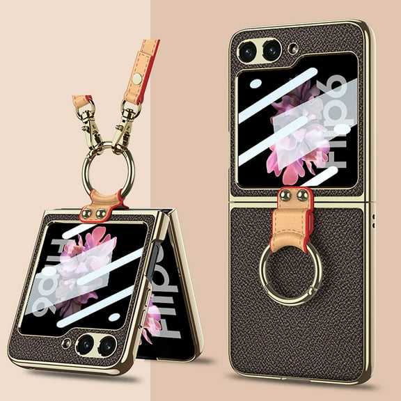 ELEHOLD Case for Samsung Galaxy Z Flip 7, Electroplated Ring Stand Case with Shoulder Strap, Built-in Screen Protector,Coffee