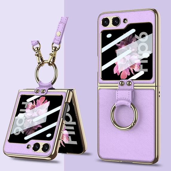 ELEHOLD Case for Samsung Galaxy Z Flip 7, Electroplated Ring Stand Case with Shoulder Strap, Built-in Screen Protector,Purple
