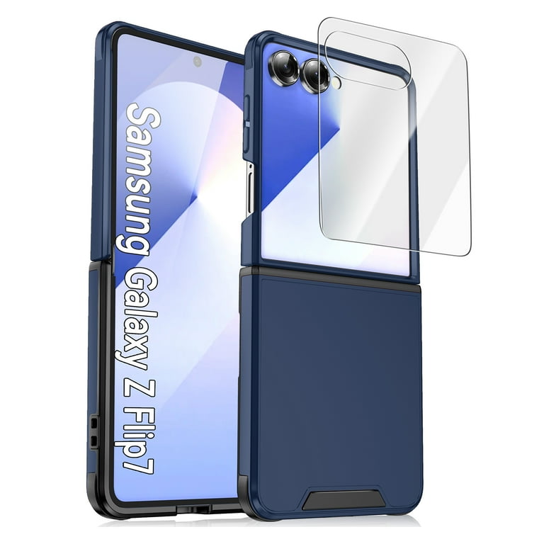 Elehold Case for Samsung Galaxy Z Flip 7, Heavy Duty Shockproof Phone Case with Screen Protector, Wireless Charging Compatible,Blue