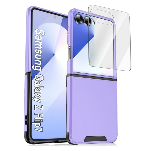 ELEHOLD Case for Samsung Galaxy Z Flip 7, Heavy Duty Shockproof Phone Case with Screen Protector, Wireless Charging Compatible,Purple