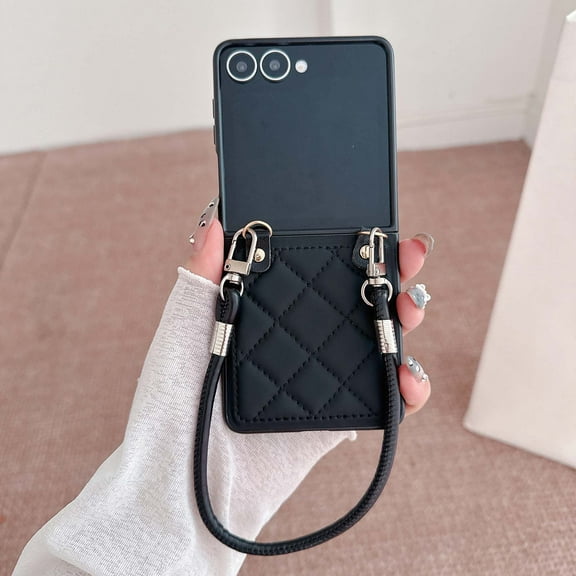 ELEHOLD Case for Samsung Galaxy Z Flip 7, Luxury Quilted Leather Phone Case with Hand Strap, Anti-Drop Shockproof Cover,Black