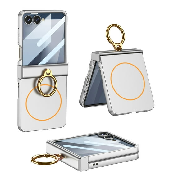 ELEHOLD Case for Samsung Galaxy Z Flip 7, Magnetic Hinge Protection Phone Case with Built-in Stand & Screen Protector,Silver
