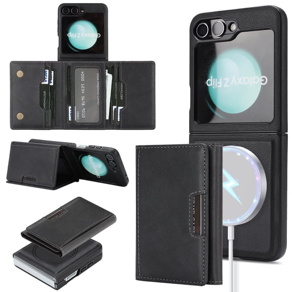 ELEHOLD Case for Samsung Galaxy Z Flip 7, Magnetic Leather Wallet Phone Case with Card Slots & Kickstand,Black