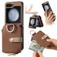 thumbnail image 1 of ELEHOLD Case for Samsung Galaxy Z Flip 7, Premium Litchi Texture Zipper Leather Wallet Phone Case with Ring,Brown, 1 of 8