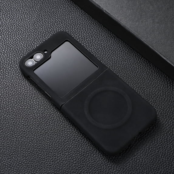 ELEHOLD Case for Samsung Galaxy Z Flip 7, Premium TPU & Faux Magnetic Leather Phone Case with Screen Protector,Black