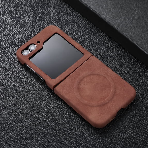 ELEHOLD Case for Samsung Galaxy Z Flip 7, Premium TPU & Faux Magnetic Leather Phone Case with Screen Protector,Brown