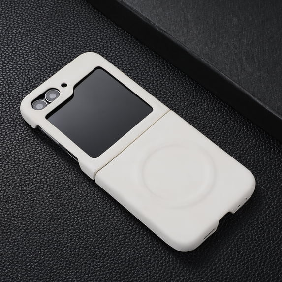 ELEHOLD Case for Samsung Galaxy Z Flip 7, Premium TPU & Faux Magnetic Leather Phone Case with Screen Protector,White