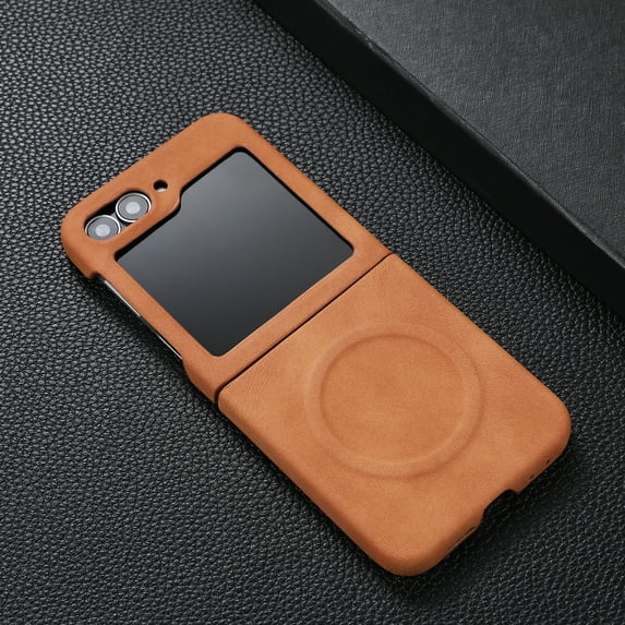 ELEHOLD Case for Samsung Galaxy Z Flip 7, Premium TPU & Faux Magnetic Leather Phone Case with Screen Protector,Yellow