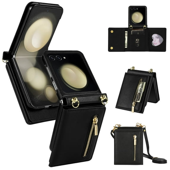 ELEHOLD Case for Samsung Galaxy Z Flip 7, RFID Blocking Leather Zipper Wallet Phone Case with Shoulder Strap,Black