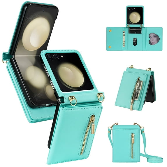 ELEHOLD Case for Samsung Galaxy Z Flip 7, RFID Blocking Leather Zipper Wallet Phone Case with Shoulder Strap,Mint