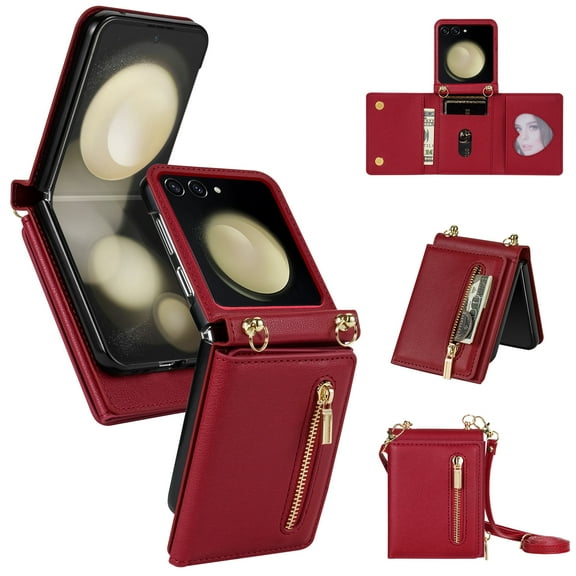 ELEHOLD Case for Samsung Galaxy Z Flip 7, RFID Blocking Leather Zipper Wallet Phone Case with Shoulder Strap,Red