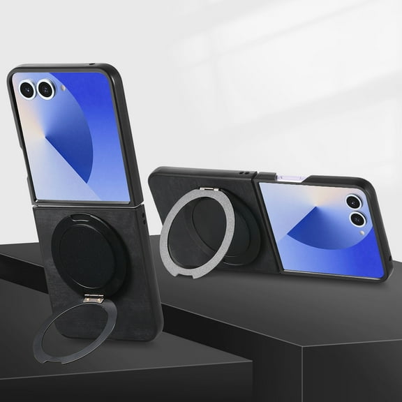 ELEHOLD Case for Samsung Galaxy Z Flip 7, Shockproof Leather Phone Case with Ring Stand, Raised Edge Protection and Car Mount Compatibility,Black