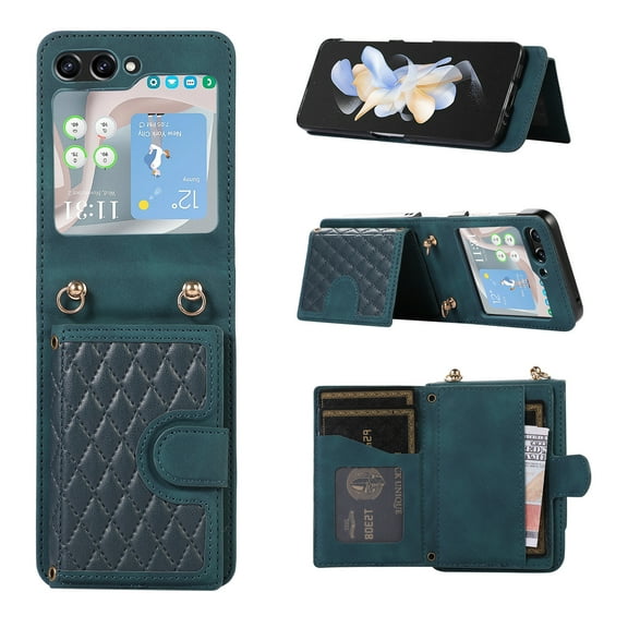 ELEHOLD Case for Samsung Galaxy Z Flip 7, Shockproof Leather Wallet Stand Phone Case with Shoulder Strap,Green