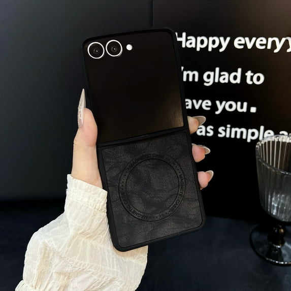 ELEHOLD Case for Samsung Galaxy Z Flip 7, Shockproof Magnetic Leather Phone Case, Wireless Charging,Black