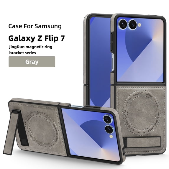ELEHOLD Case for Samsung Galaxy Z Flip 7, Shockproof Magnetic Leather Phone Case with Stand, Compatibility with Mag Safe Accessories,Gray