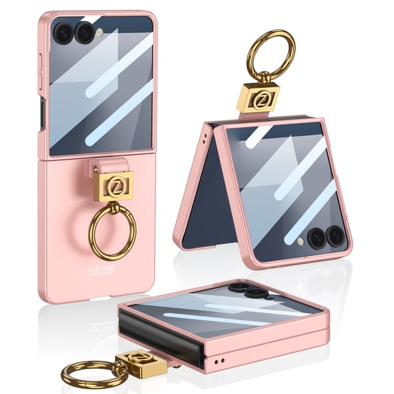 ELEHOLD Case for Samsung Galaxy Z Flip 7, Shockproof Phone Case with Built-in Ring Stand & Screen Protector,Pink