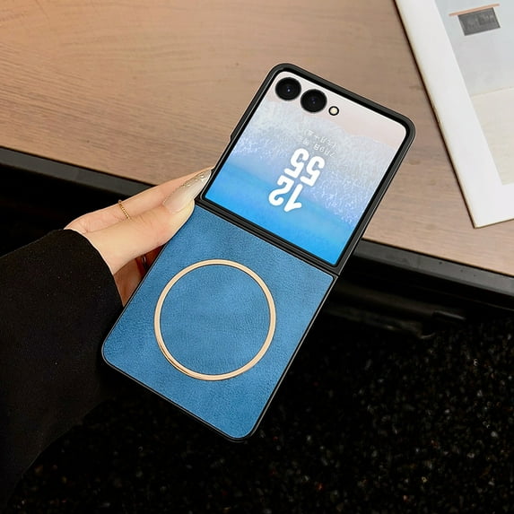 ELEHOLD Case for Samsung Galaxy Z Flip 7, Slim Shockproof Magnetic Leather Phone Case Hybrid Cover, Wireless Charging Compatible,Blue