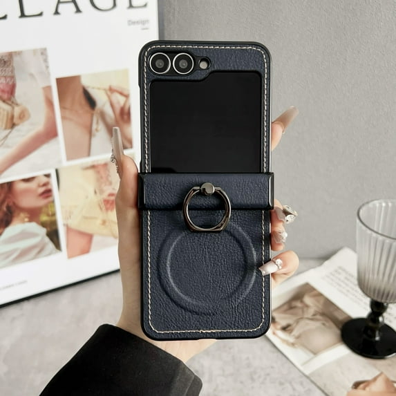 ELEHOLD Case for Samsung Galaxy Z Flip 7, Vintage Leather Phone Case with Ring Stand, Wireless Charging Compatible,Darkblue