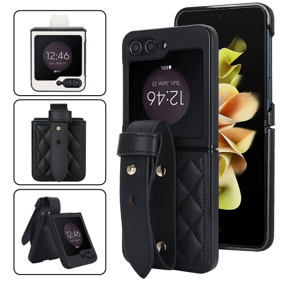 ELEHOLD Case for Samsung Galaxy Z Flip7, Adjustable Wrist Strap Leather Phone Case with Camera Protection,Black