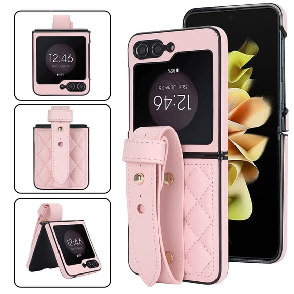 ELEHOLD Case for Samsung Galaxy Z Flip7, Adjustable Wrist Strap Leather Phone Case with Camera Protection,Pink