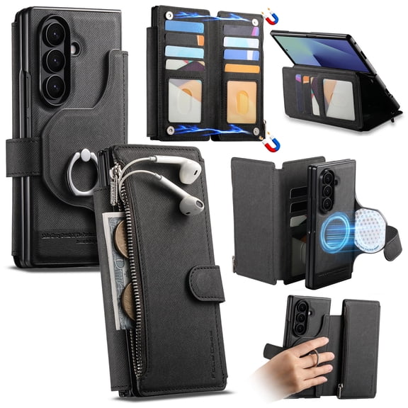 ELEHOLD Case for Samsung Galaxy Z Fold 3, 2-in-1 Detachable Magnetic Leather Wallet Case with 11 Card Slots,Stand Fuction,Black